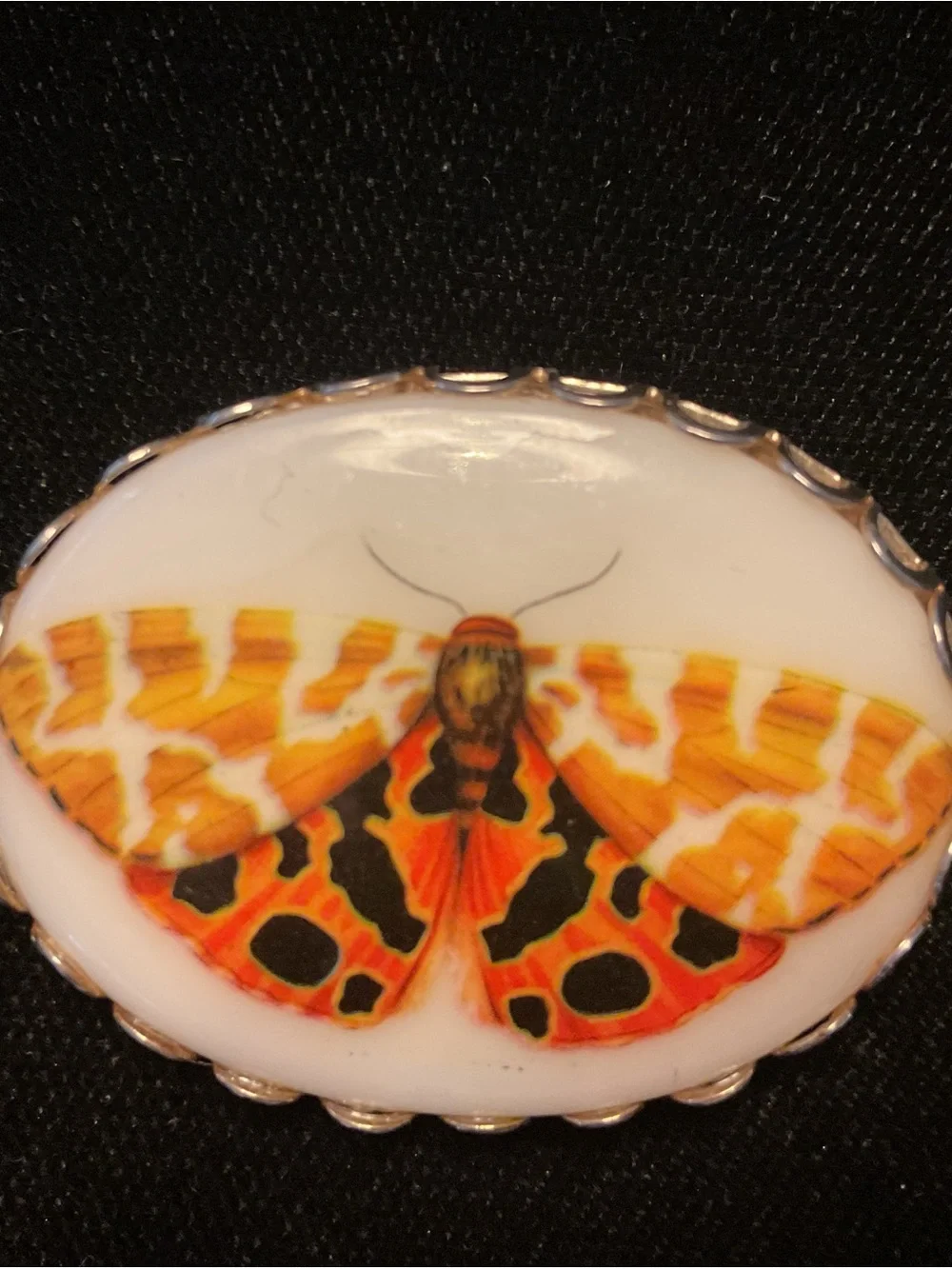 Vintage Orange and Black Moth Porcelain Brooch